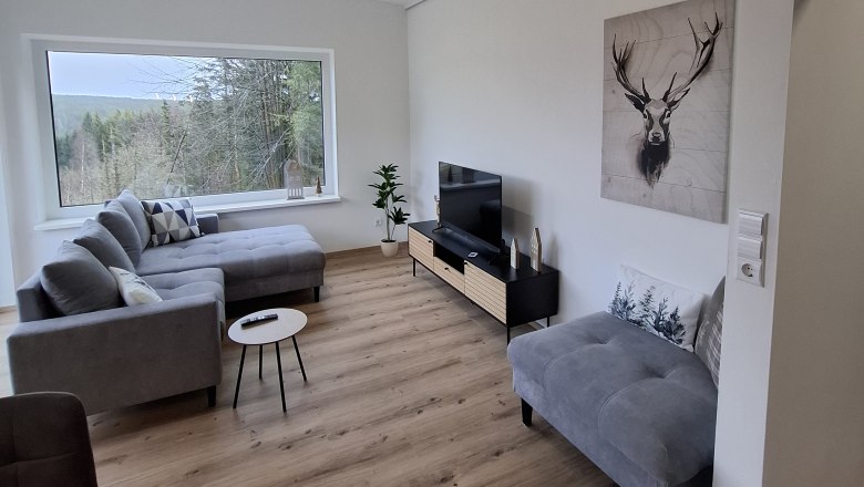 Wohnbereich mit Smart TV, © Waldzauber Hirschenwies Wohnbereich mit Smart TV, © Waldzauber Hirschenwies