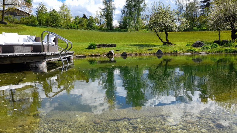 Schwimmteich im Mai mit Steg, &copy; Ferienhaus Angel, Fotograf Heidi Angel
