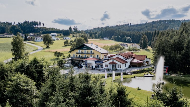 Landschaft mit Gebäuden, Teich und Wald im Hintergrund.