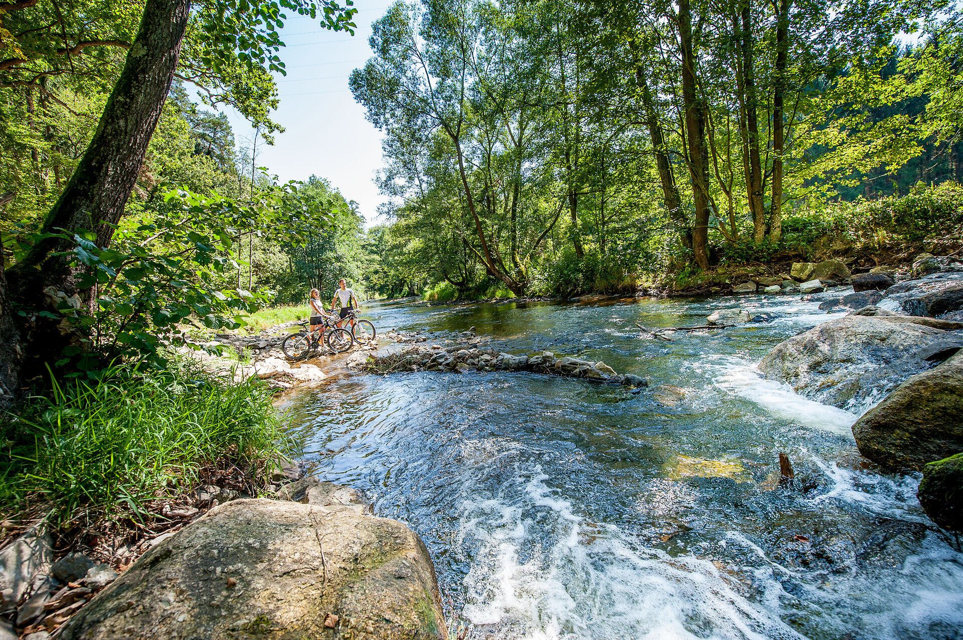 Die sanften Wellen des glitzernden Wassers laden zu einer erfrischenden Pause ein, während die üppigen Bäume Schatten spenden. Radfahrer genießen die malerische Kulisse und die frische Luft, die den Sommer in den Bergen so besonders macht.