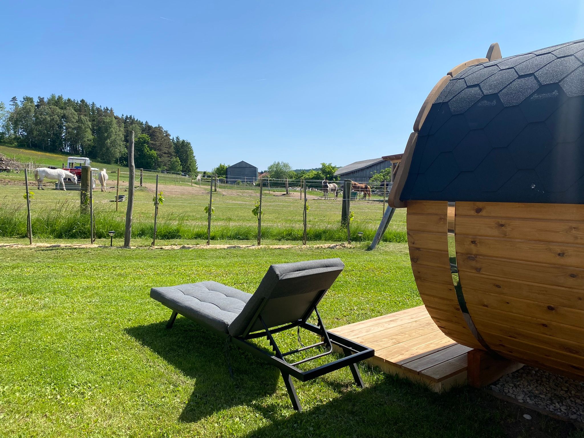 Blick von einer Terrasse auf eine Koppel mit Pferden, einem Liegestuhl und einer Holzsauna im Vordergrund.