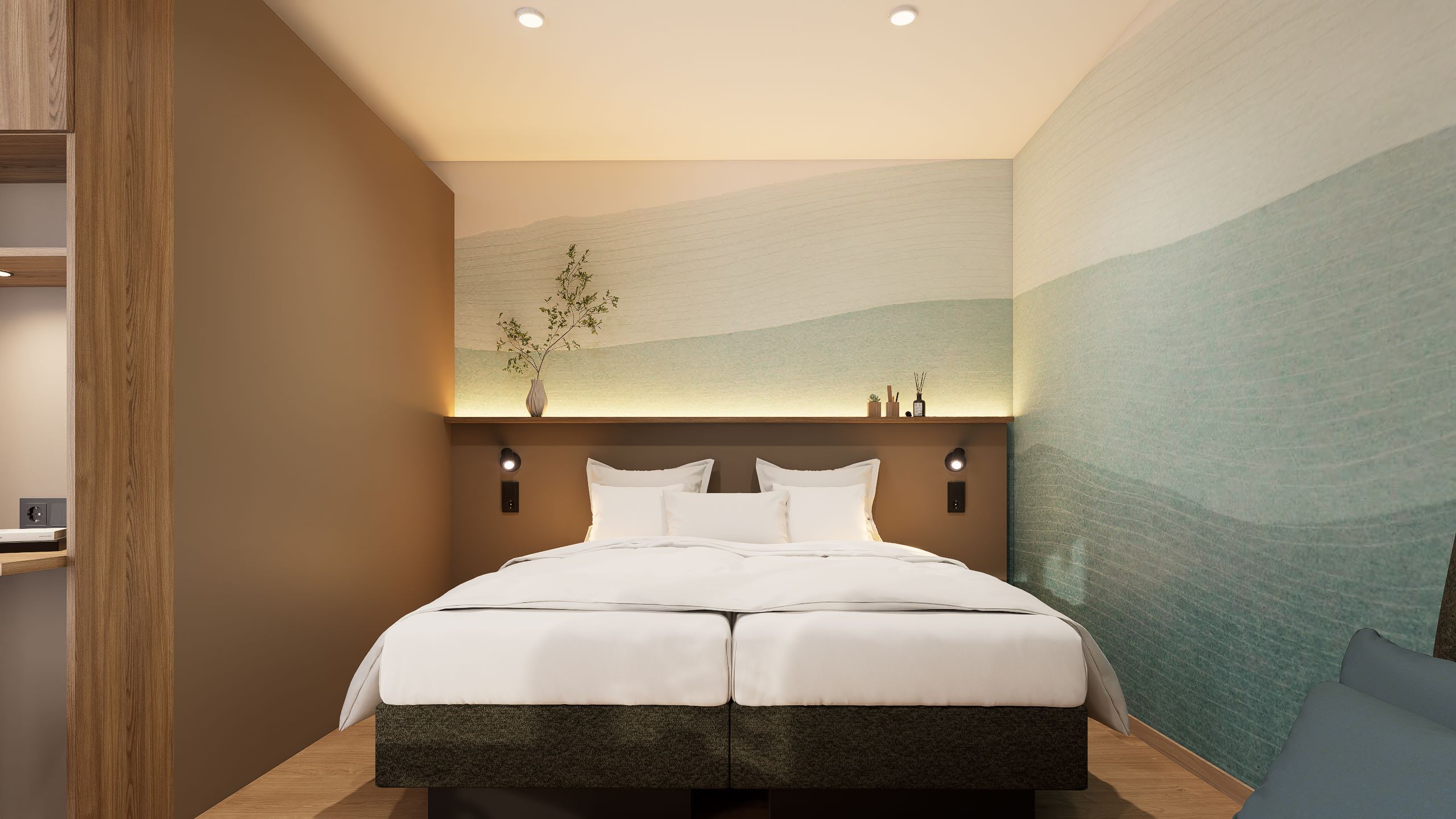 Modernes Apartment mit Doppelbett, minimalistischer Dekoration und sanfter Beleuchtung.