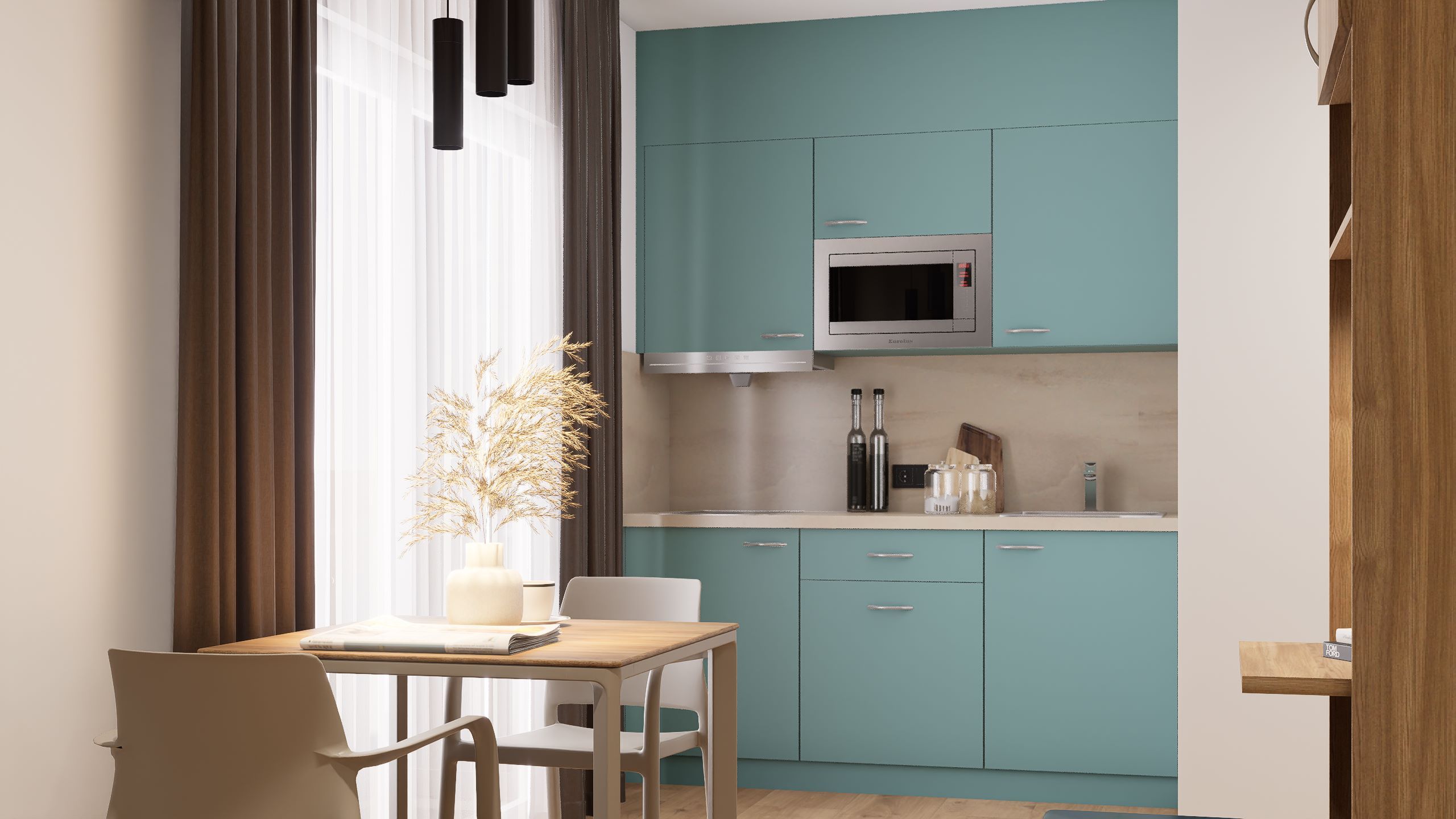 Moderne Küche mit türkisfarbenen Schränken, einem Holztisch und Stühlen. Ein Fenster mit Vorhängen lässt Tageslicht herein.