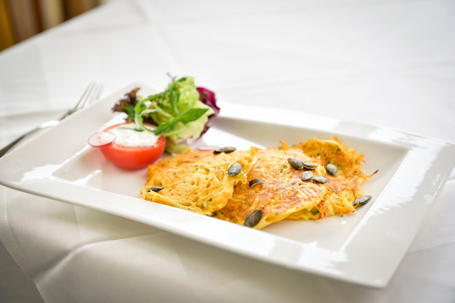 Ein Teller mit Kartoffelpuffer, Kürbiskernen und Salat auf einem weißen Tisch.