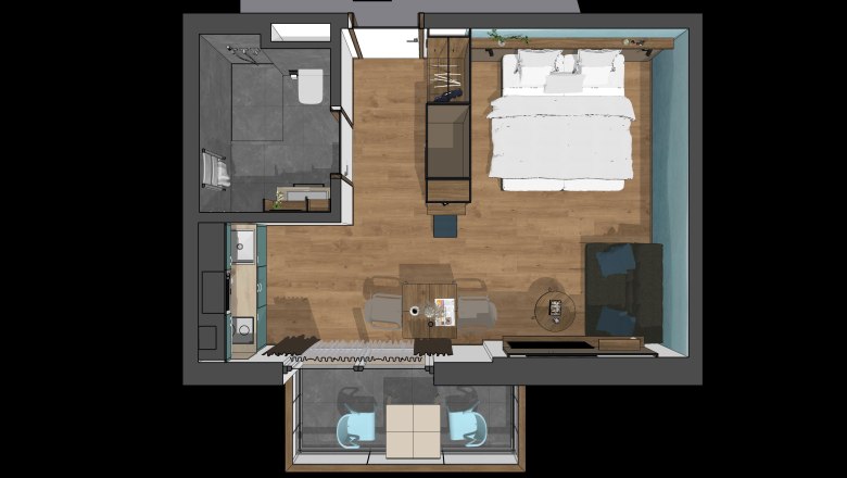 Grundriss einer modernen Einzimmerwohnung mit Bad, K&uuml;che, Wohn- und Schlafbereich.