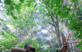 Ein Bogensch&uuml;tze zielt mit einem Bogen im Wald.