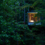 Ein beleuchtetes Baumhaus in einem dichten Wald bei D&auml;mmerung.