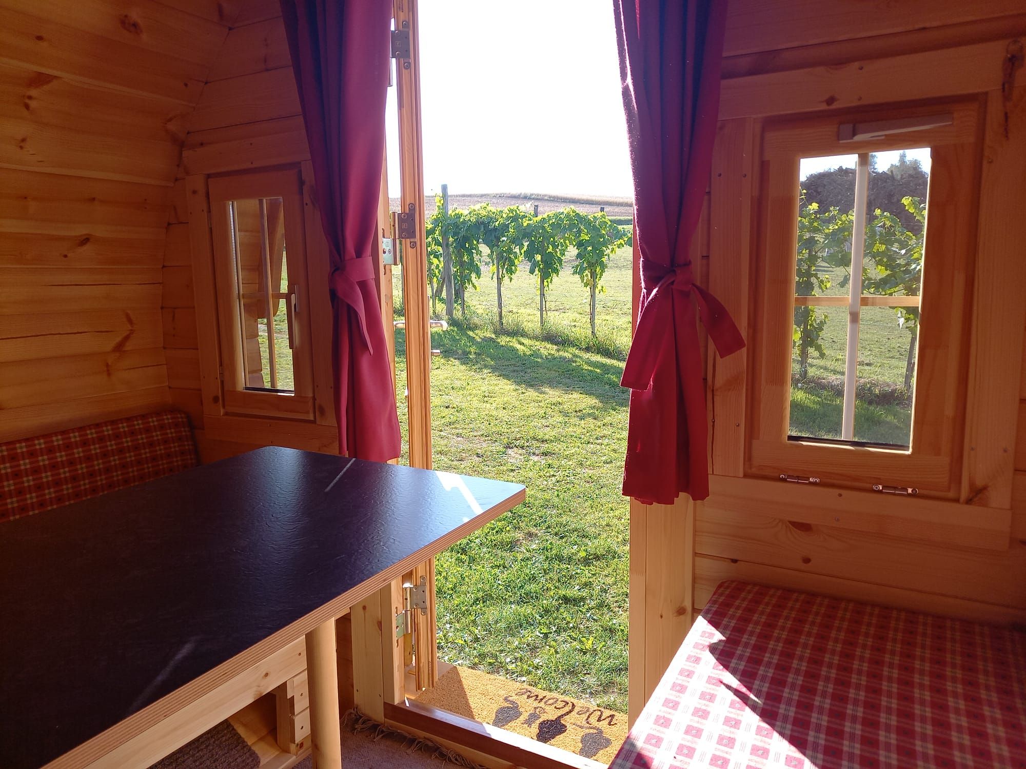Innenansicht eines kleinen Holzhauses mit Tisch und Bänken, Blick auf einen Weinberg durch offene Türen.
