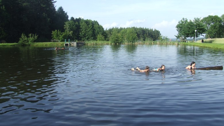 Menschen schwimmen in einem Naturbadeteich umgeben von B&auml;umen.