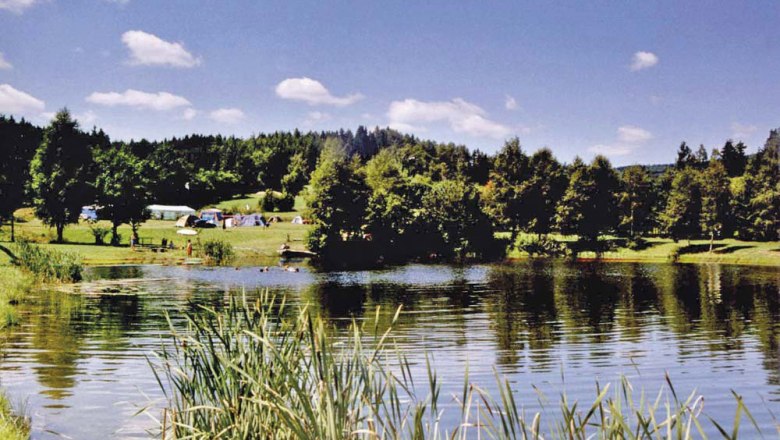 Ein idyllischer Campingplatz mit Zelten am Ufer eines Sees, umgeben von B&auml;umen und Wiesen unter blauem Himmel.
