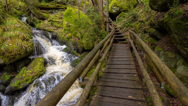 Holzsteg in der Ysperklamm neben einem kleinen Wasserfall, umgeben von moosbedeckten Felsen und B&auml;umen.